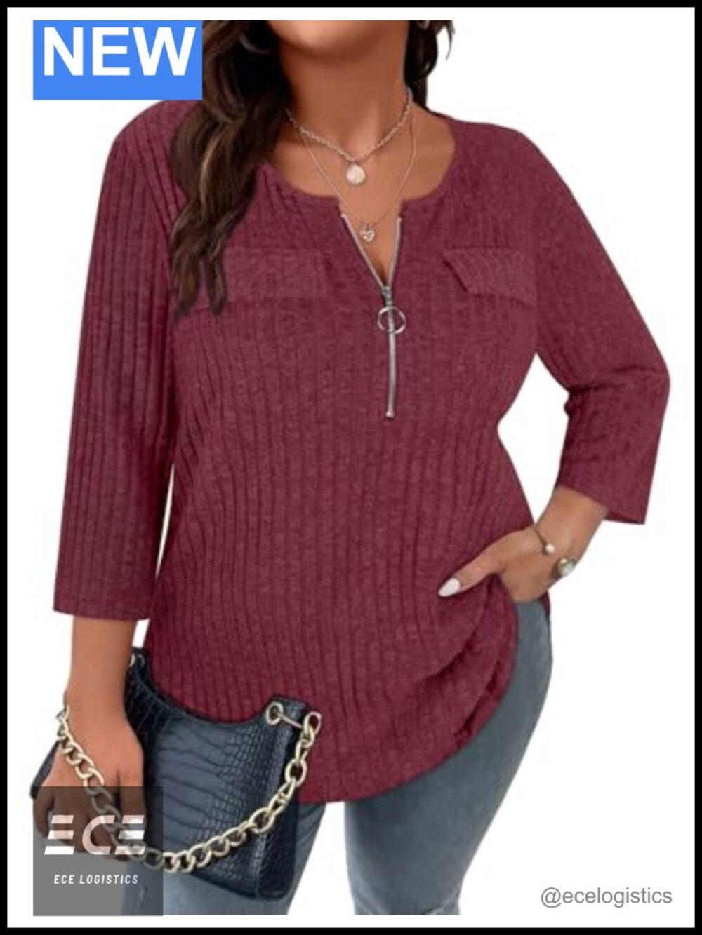Plus Size 3/4 Sleeve Zip V Neck Ribbed Tunic Sweater Top